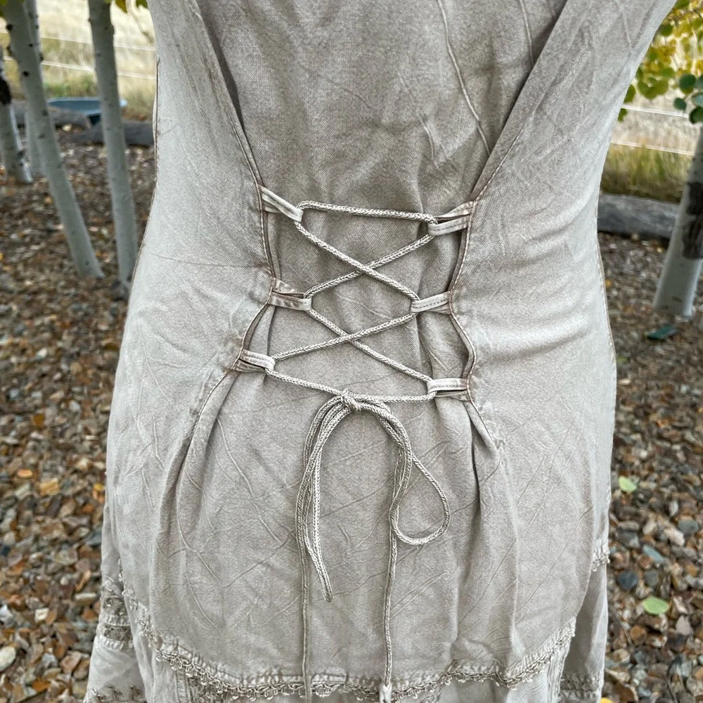 Vintage Coline Y2K fairycore Gypsy beige viscose embroidered drop waist dress - Picture 11 of 14